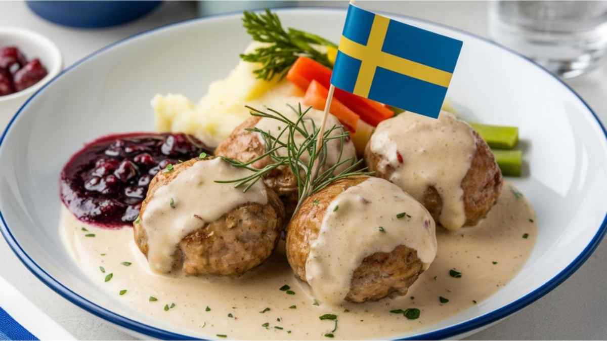 Svenska köttbullar med svensk flagga