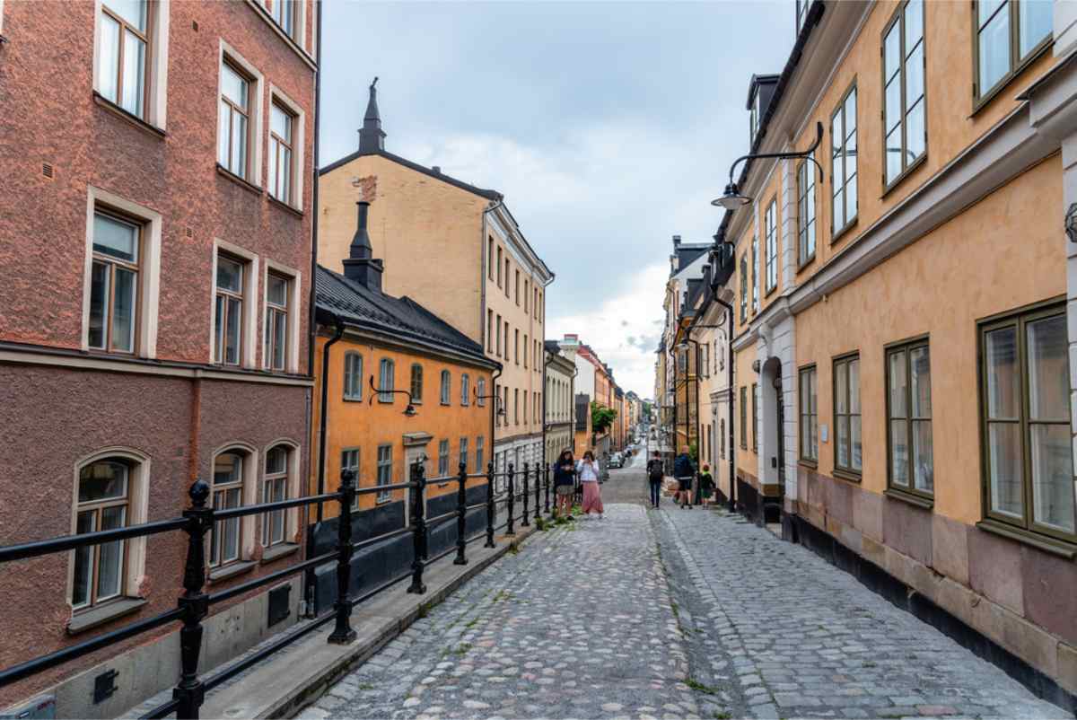 Husbil på en enslig väg genom tät svensk skog.